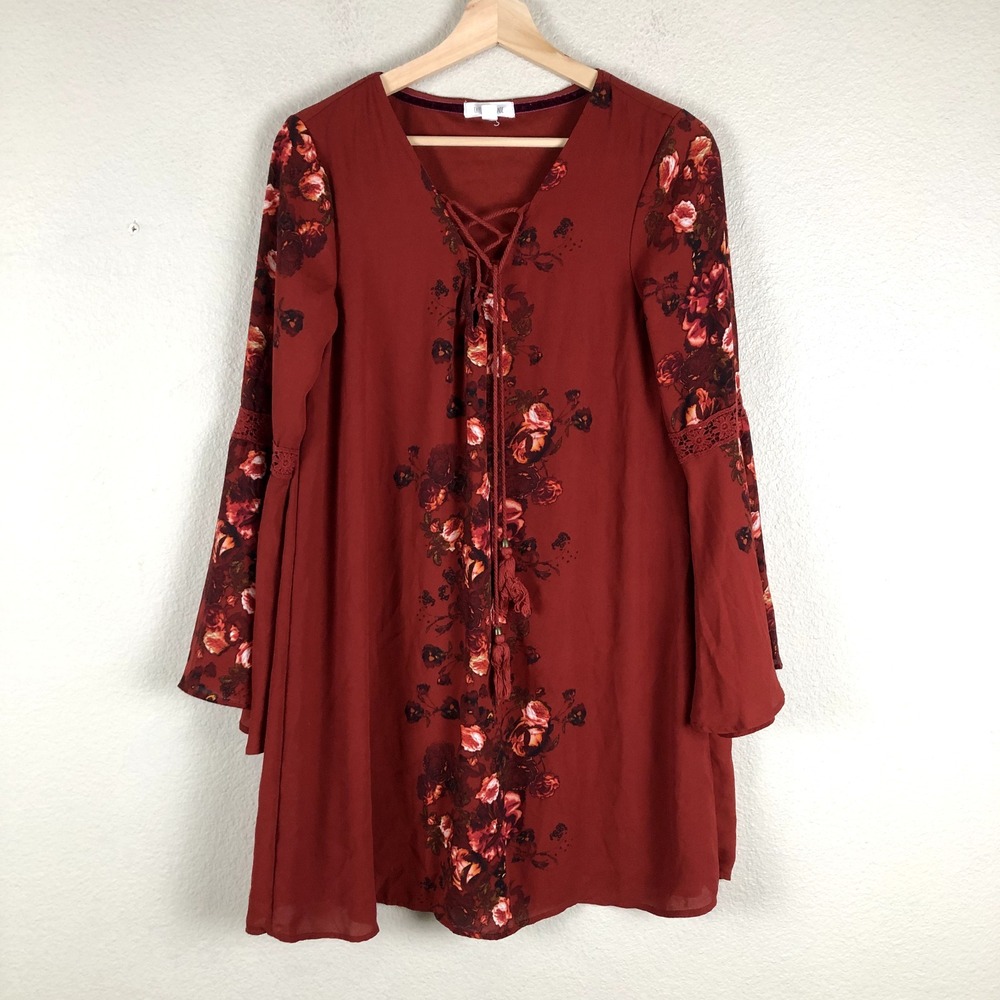 Taylor & Sage Boho Dress Womens M Rust Brown Floral Print Flare Sleeve Festival